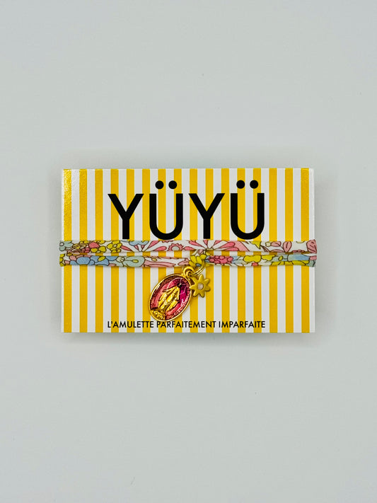 Amulette YÜYÜ – lien liberty, médaille vierge rose & fleur dorée