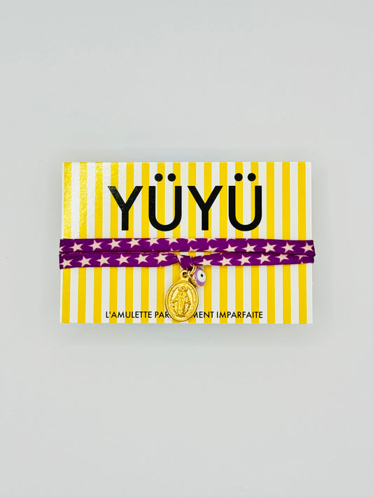 Amulette YÜYÜ – Lien étoiles violet, médaille vierge dorée & oeil parme
