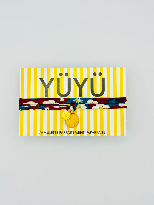 Amulette YÜYÜ - liberty, smiley jaune & médaille YÜYÜ dorée