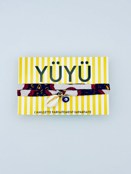 Amulette YÜYÜ - lien en wax, cauri naturel & oeil turc