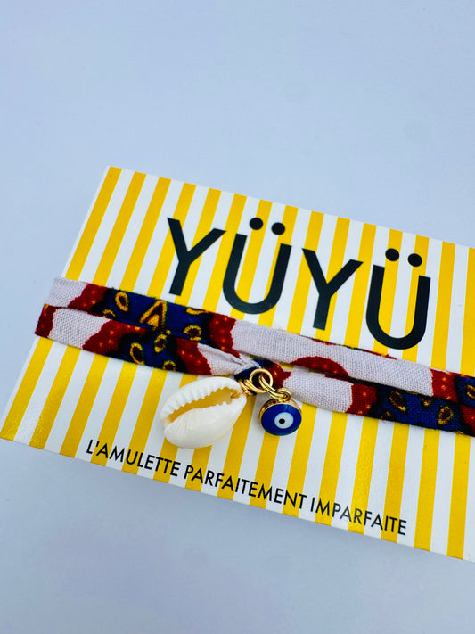 Amulette YÜYÜ - lien en wax, cauri naturel & oeil turc