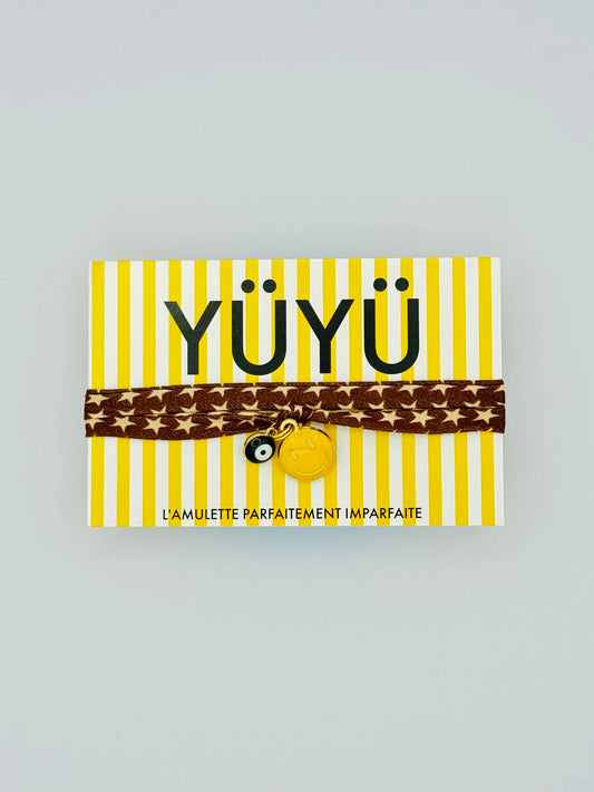 Amulette YÜYÜ - lien étoiles, smiley jaune & oeil turc noir